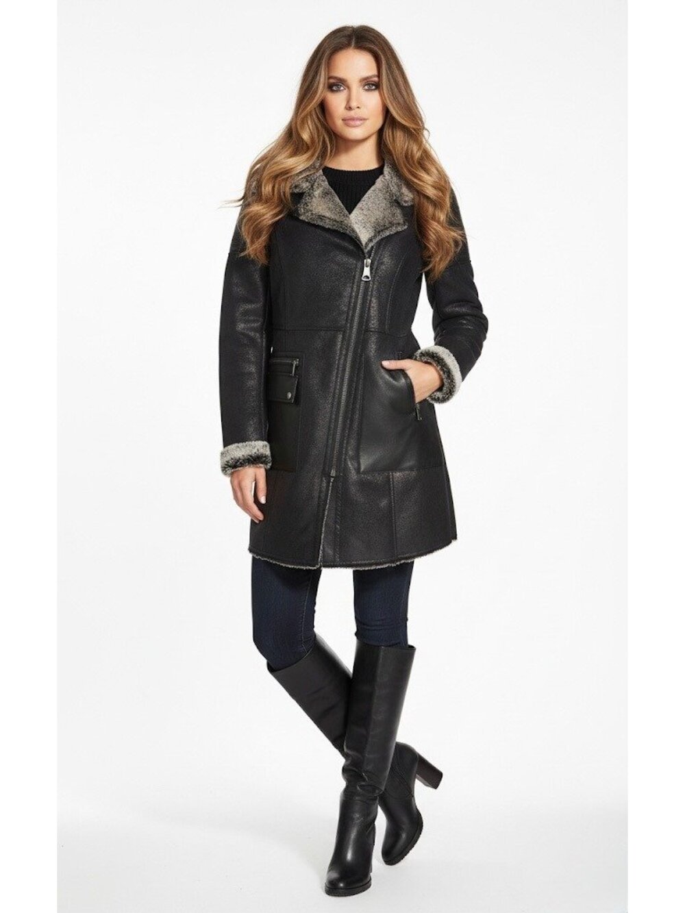 Marc New York Black Asymmetrical Faux Shearling Winter Coat XS Designer Jacket